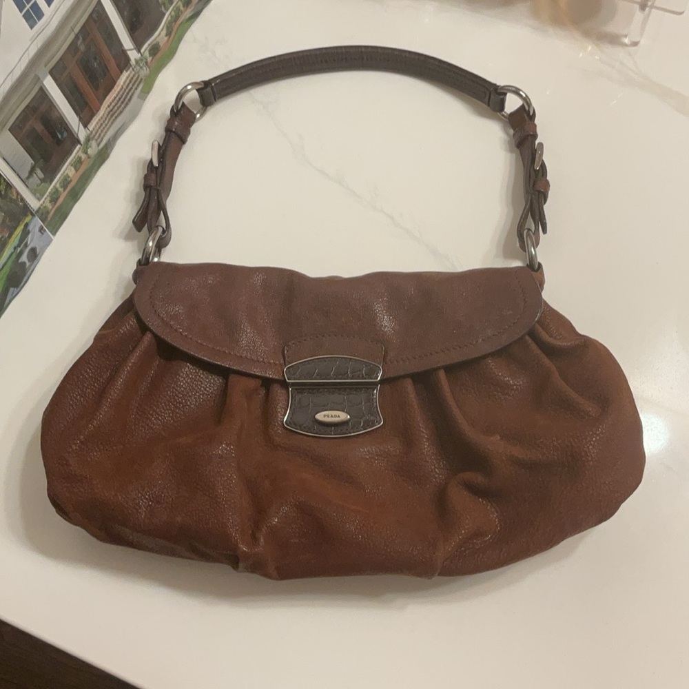 Prada Brown Leather Shoulder Bag with Pleated Design